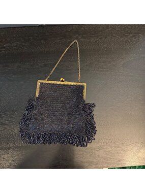 Antique 1920s Flapper Beaded Purse Iridescent Navy Blue Seed Bead Evening Bag Em